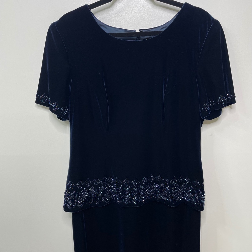 R&M Richards Vintage 90s Navy Blue Velvet Beaded Maxi Dress Gown 12 Wedding Glam - Picture 3 of 12